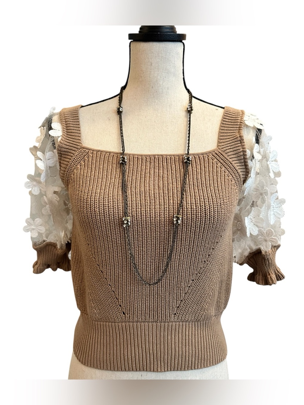 SO ME Floral Lace Puff Sleeve Knit Top Cottagecore Romantic Blouse | Small - Picture 2 of 9